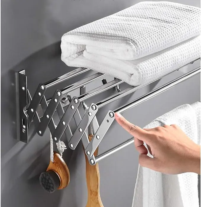 Stainless Steel Wall-Mounted Folding Drying Rack - Retractable Off-the-Ground Laundry Dryer with Adjustable Towel Rack, Home Laundry Tool Accessory