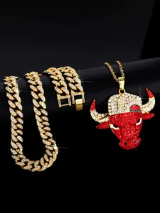 Hip Hop Fashion Bull's Head Pendant Set, Hat & Sparkling Bling Cubic Chain, Unisex Street Style Jewelry, Ideal for Everyday Wear