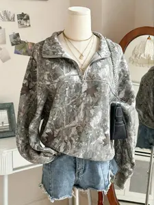 Women's Street Vintage Tree Camo Full Print Half Zip Long Sleeve Hoodie Sweatshirts, Loose Fit Drop Shoulder, Fall & Winter Casual Style Wear Tops