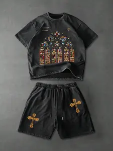 Men's two-piece set: a short-sleeved T-shirt and shorts, decorated with a delicate Graphic pattern, creating a casual street style.