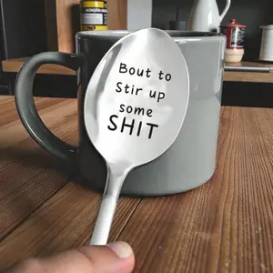 2pcs  Funny Rude Spoon Gift – “Bout to Stir Up Some Sh*t” – Office Humour, Work Best friend Gift, Sarcastic Stainless Steel Coffee Spoon, Leaving Gift, Kitchenware
