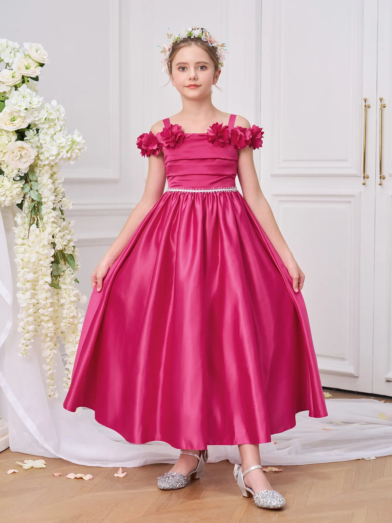 0095 Floral Princess Gown for 8y-12y Tween Girls - Elegant Formal Dress for Wedding Bridesmaids, Graduation Ceremony, Host Performance, 10Y, 11Y