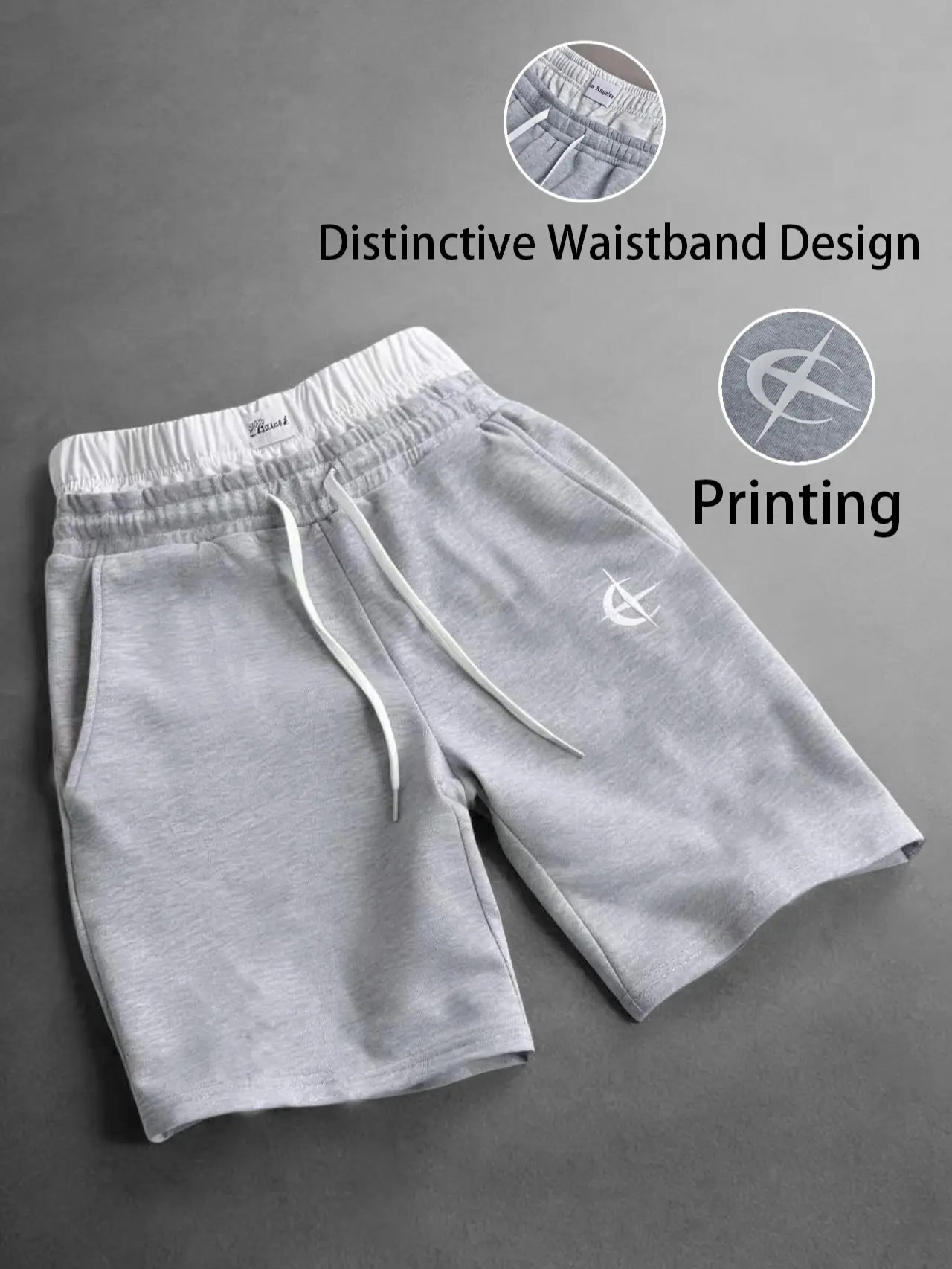 Men's Stylish Adjustable Bottom Casual Athletic Shorts (Menswear), Summer Gray Comfortable Sports Shorts with Contrast Belt, Patch Design, Star Print, Drawstring, Street-Style Fit for Everyday Wear