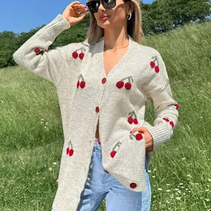 Women's Cherry Pattern Knit Cardigan, Loose Fit Casual Spring & Fall Sweater, Soft Comfortable Material, Fashionable Versatile Design