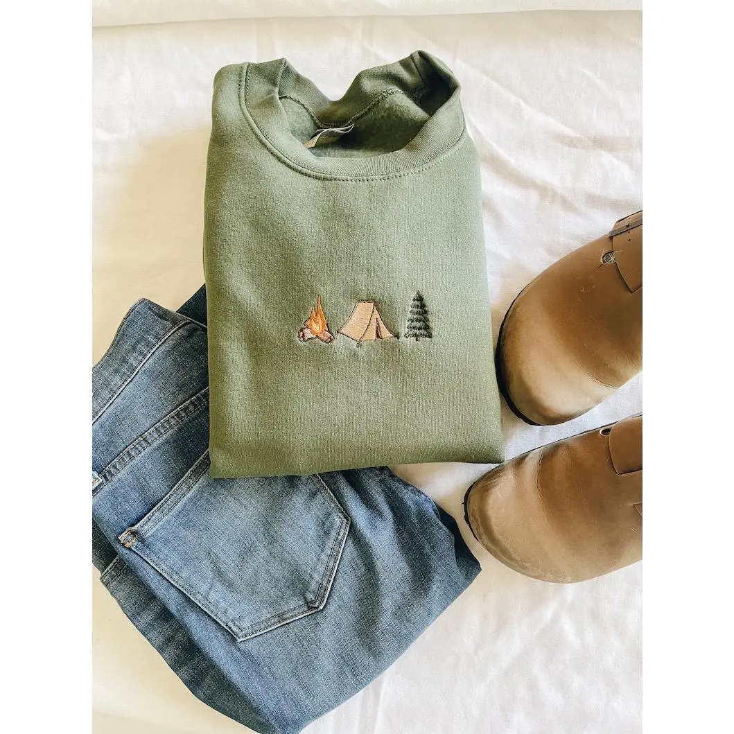 Camping Trio Embroidered Crewneck, Camping Sweatshirt, autumn Sweatshirt
