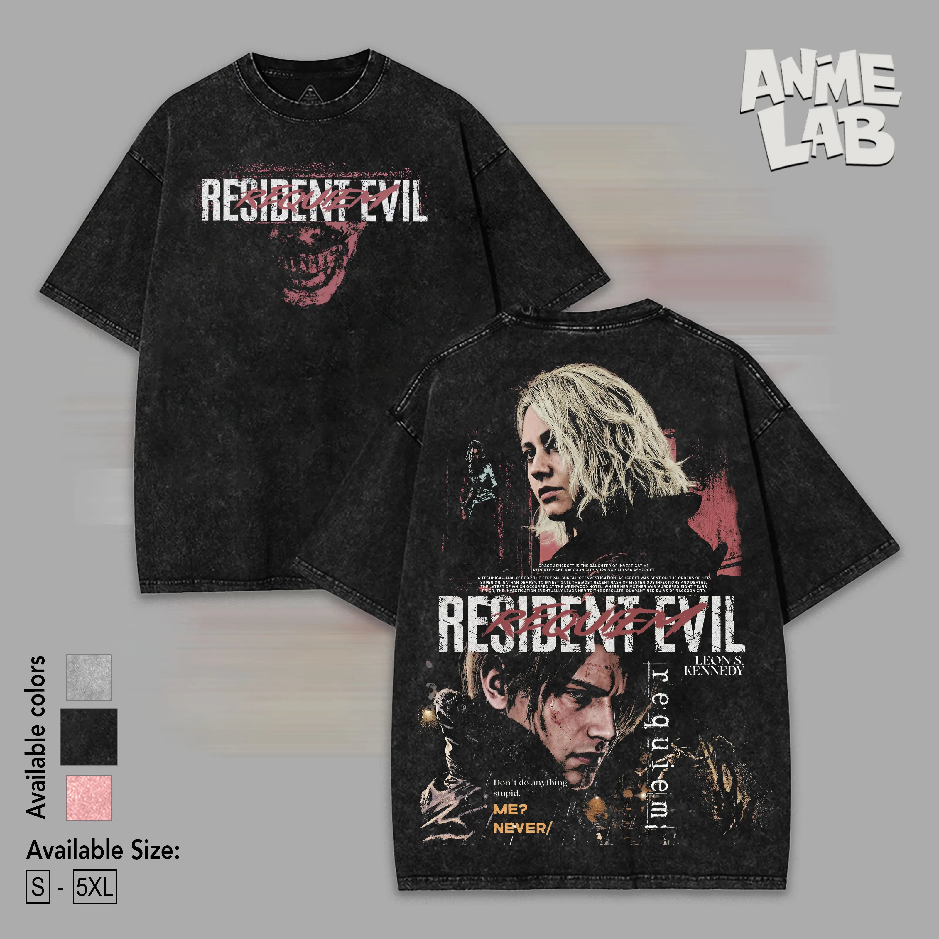 Resident Evil Requiem RE9 Leon S Kennedy horror Game Oversize 2 Sided Washed Cotton T-shirt unisex graphic tees game anime manga movie Menswear Casual gamer merch t-shirt Clothes Top