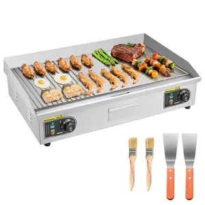 VEVOR Commercial Electric Griddle, 28.54x 15.75 in, 2800W, 122-570F Adjustable Temp Control, Stainless Steel, Half Grooved Half Flat, with 2 Spatulas, 2 Brushes, and 4 Foot Pads, for Steak(NO PLUG)