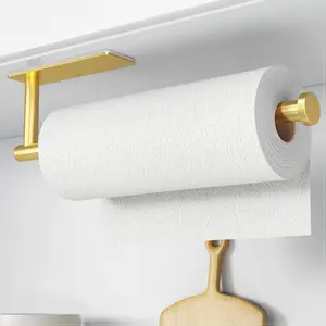 Paper Towel Holder - Self-Adhesive or Drilling, Gold, Wall Mounted, SUS304 Stainless Steel, Kitchen Roll Dispenser, Under Cabinet, 11.2 Inches, Multi-Use