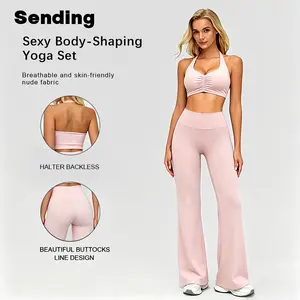 Women's 2-Piece Halter Ruched Yoga Set - Aoqta V-Neck Sports Bra & High Waist Wide Leg Pants, Breathable Women's Workout Sets for Gym & Yoga, Two Piece Set