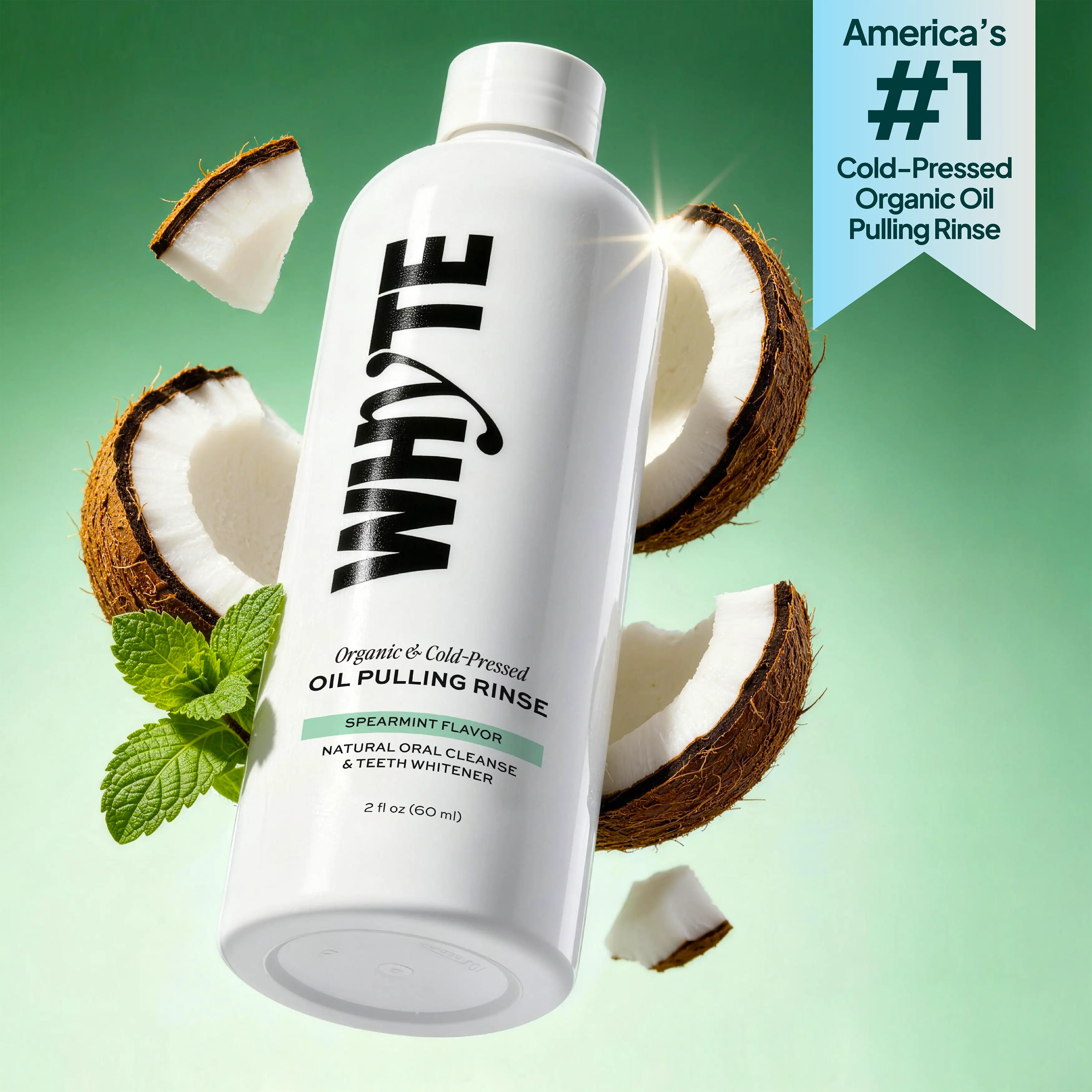Whyte Organic Oil Pulling Rinse with Coconut & Clove Oil for Teeth Whitening, Oral Detox & Gum Health, Spearmint Flavor, Alcohol & Fluoride Free Oral Care - 8 fl oz, Teeth Cleaner, Cleansing