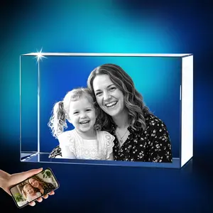 Rectangle 3D Laser Engraved K9 Crystal Photo Frame, Inner Carving Ornament, Rectangle Square Heart Iceberg Bone Cube Multi Shapes, Custom Photo Text Gift for Birthday Wedding Anniv Valentine Xmas Grad Funeral Pet Loss Family Couple Mom Dad Desk Decor