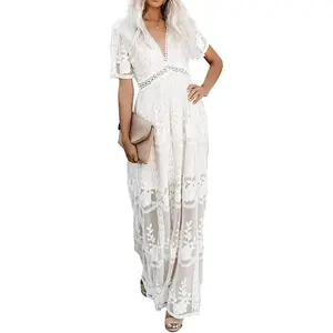 Womens Deep V Neck Short Sleeve Floral Lace Dress Long Bridesmaid Maxi Dresses