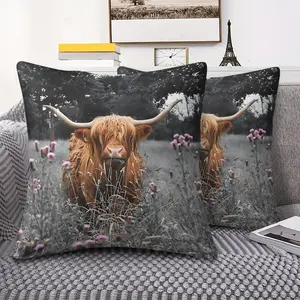 Highland Cow Throw Pillow with Digital Print, 45cm Square Cushion, Creative Decorative Cushion, Includes Pillow Insert Featuring Shaggy Brown Cow in Pastoral Landscape, Plush Decor for Home, Farmhouse Style Accent for Rustic Interiors