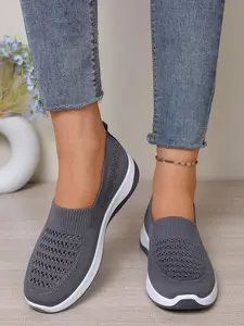 Knitted Hollow Out Breathable Sneakers, Lightweight Non-Fatigue Soft Sole Mom Shoes, Mid-Aged Walking Shoes, Slip-On Lazy Shoes