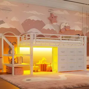 Twin Size Low Loft Bed with Multi-Storage, Including Fabric Drawers, Fabric Shelves Beside the Bed, Storage Stairs, Metal Loft Bed with Lights and Ample Under-bed Spaces, White