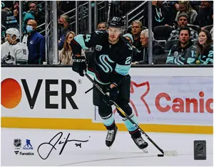 Jamie Oleksiak Seattle Kraken Autographed 11" x 14" Navy Jersey Passing Photograph - Fanatics Authentic Certified