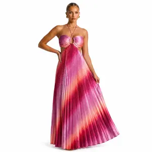 Women’s Pink Ombre Pleated Satin Maxi Dress, Halter Neck Cutout Backless Tie-Back Formal Wedding Guest Dress, Vacation & Party