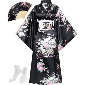 Anime Women's Kimono Robe Geisha Yukata Sweet Dress Blossom Satin Bathrobe Sleepwear Fans Tabi Socks Set