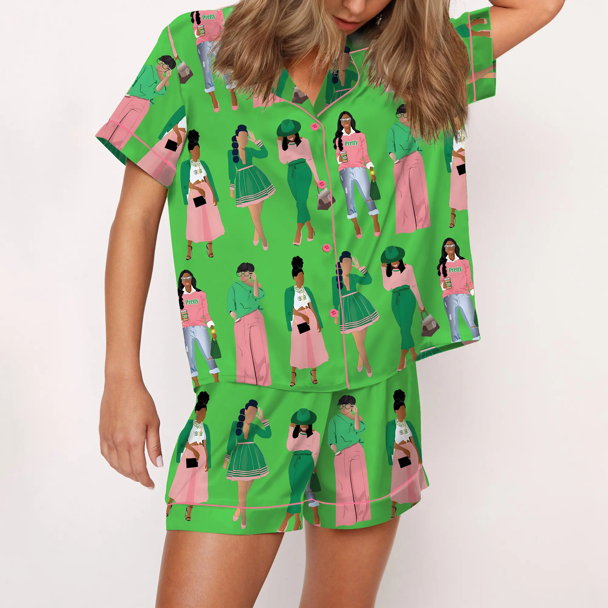 AKA Sisterhood Satin Pajama Set For Women Print Comfy Satin Sleepwear & Loungewear Pjs Printing Silky Top & Bottoms - SHESHOW