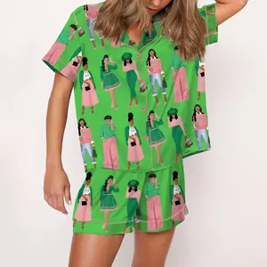 AKA Sisterhood Satin Pajama Set For Women Print Comfy Satin Sleepwear & Loungewear Pjs Printing Silky Top & Bottoms - SHESHOW