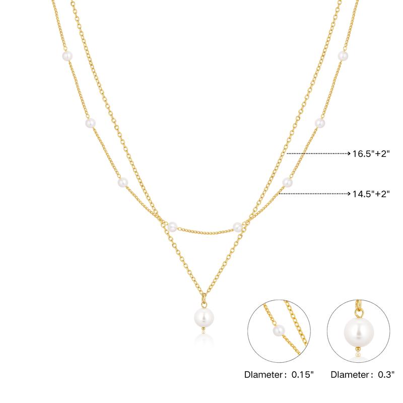 Tasiso Dainty Double Layer Pearl Necklace for Women Small Pearl Pendant Necklace 14K Gold Plated Cubic Zirconia Diamond Necklace  Simple Women Girls Jewelry Gift