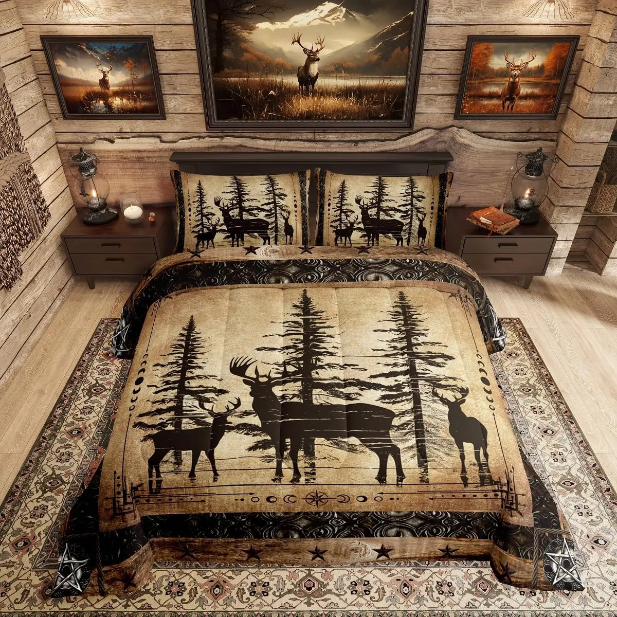 Feelyou Rustic Deer Microfiber Decorative Bedding Set - Farmhouse, Cabin, Western Woodland Black Retro Country Wildlife Animal Comforter Duvet Set, Microfiber Bedding Set