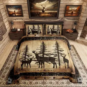 Rustic Deer Comforter Set,Farmhouse Cabin Bedding Set,Western Woodland Wildlife Bedding Comforter Sets,Black Retro Country Animal Quilt Duvet
