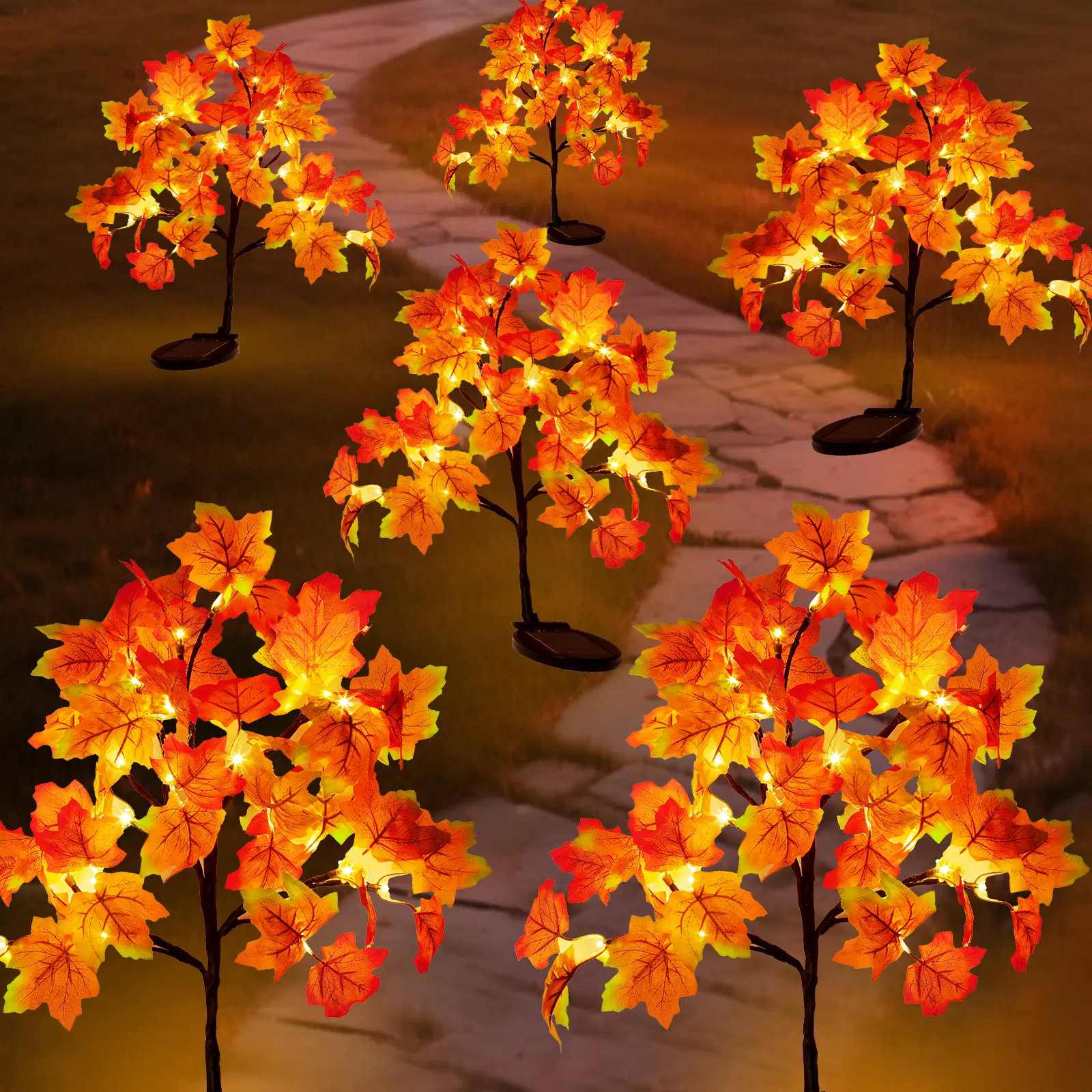 Home Decor 2-Pack Outdoor Fall Solar Stake Lights, 40LED Pumpkin Maple Tree Decor with 8 Lighting Modes, IP65 Waterproof for Yd Pathway Patio Halloween Thanksgiving Decorations