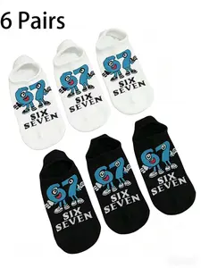 6 Pairs Fun 67 Number Invisible Socks, Novel Print Harajuku Hip Hop Crew Socks, Soft Comfortable Sweat-Wicking Breathable, Unisex Gift for Meme Lovers