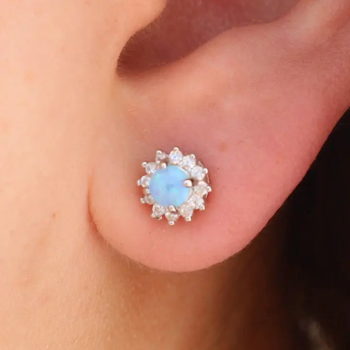 Sterling Silver Lab Opal Earrings - Blue, White and Pink Gemstone Jewelry for Women