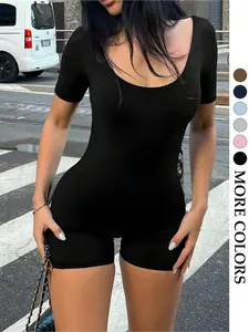 Women's U-Neck Short Sleeve Tight Fitting Jumpsuit, High Elastic Waist Slimming Bodysuit, Casual Spring & Fall Workout, Plain Pattern