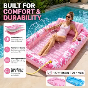 Inflatable Tanning Pool Lounger Float with Sprinkler, 177x116cm/70x46in XL Pink 6-in-1 Suntan Tub Raft, Blow Up Sunbathing Bed with Pillow, Backrest, Cup Holders & Water Spray for Adults, Pool, Patio, Beach, Backyard Summer Party
