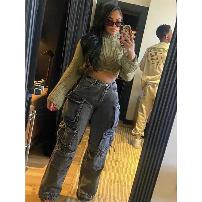 Joskaa Fashion Y2K Pockets Cargo Jeans Women Hipster High Waisted Straight Pants Fall 2023 Casual Denim Trousers Streetwear joskaa