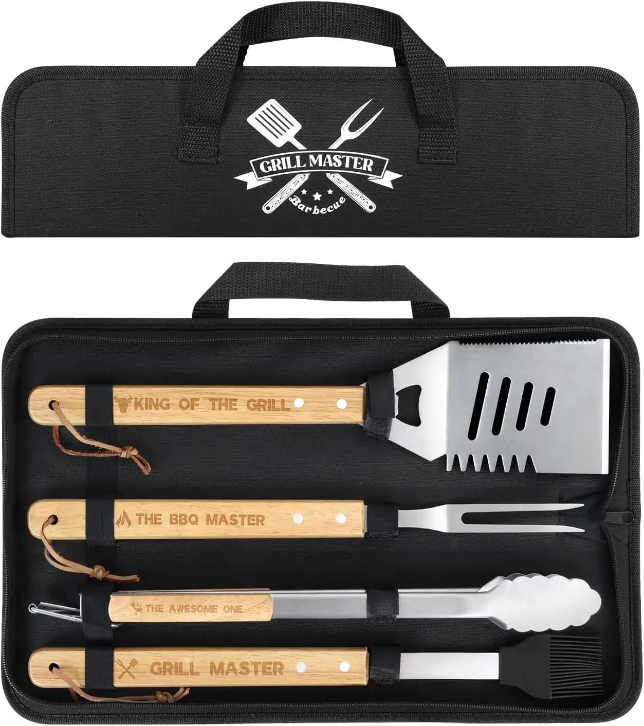 Coralogo 4PCS Sturdy Stainless Steel BBQ Grilling Utensils Set with Wood Handles - Tongs, Fork, Spatula, Brush, Portable Carrying Bag - Indoor Kitchen Accessories, Father's Day Gifts for Men