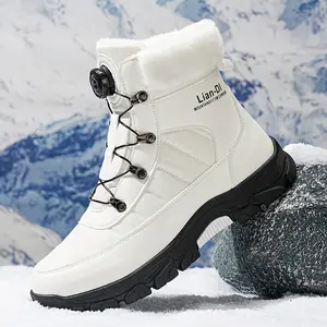 OLOEY Men's White & Black Winter Snow Boots with Fur-Like Collar - Slip-Resistant Traction Outsole, PU/Fabric Upper & PVC Sole, Warm Round Toe Short Boots for Hiking, Ice Climbing, Urban Commute - Adjustable Buckle Closure & EVA Cushioning (Autumn/Winter)
