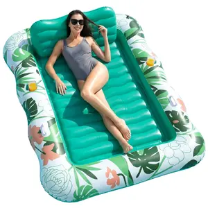 Inflatable Tanning Pool Lounger Float for Backyard,75''×51''Pool Floats Adult with Cup Holder & Removable Pillow, Tanning Bed for Sunbathing, Summer Party and Family Fun (Green, L)