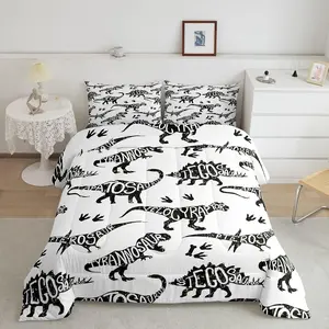 Black and White Dinosaur Alphabet Luxury Comforter Set - Breathable Duvet Set, Decorative Jungle Animal Wildlife Design Soft Textile Bedroom Bedding, Bedroom Bedding Set
