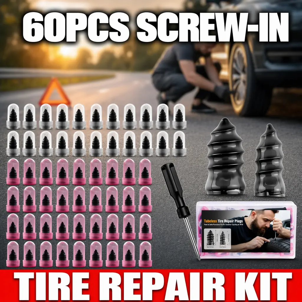 60 PCS Screw-Type Puncture Repair Kit - Dual-Size Rubber Nails, Complete Fast Self-Service Self-Seal Tool, Fits Tubeless Tires for Cars, Trucks, Tractors
