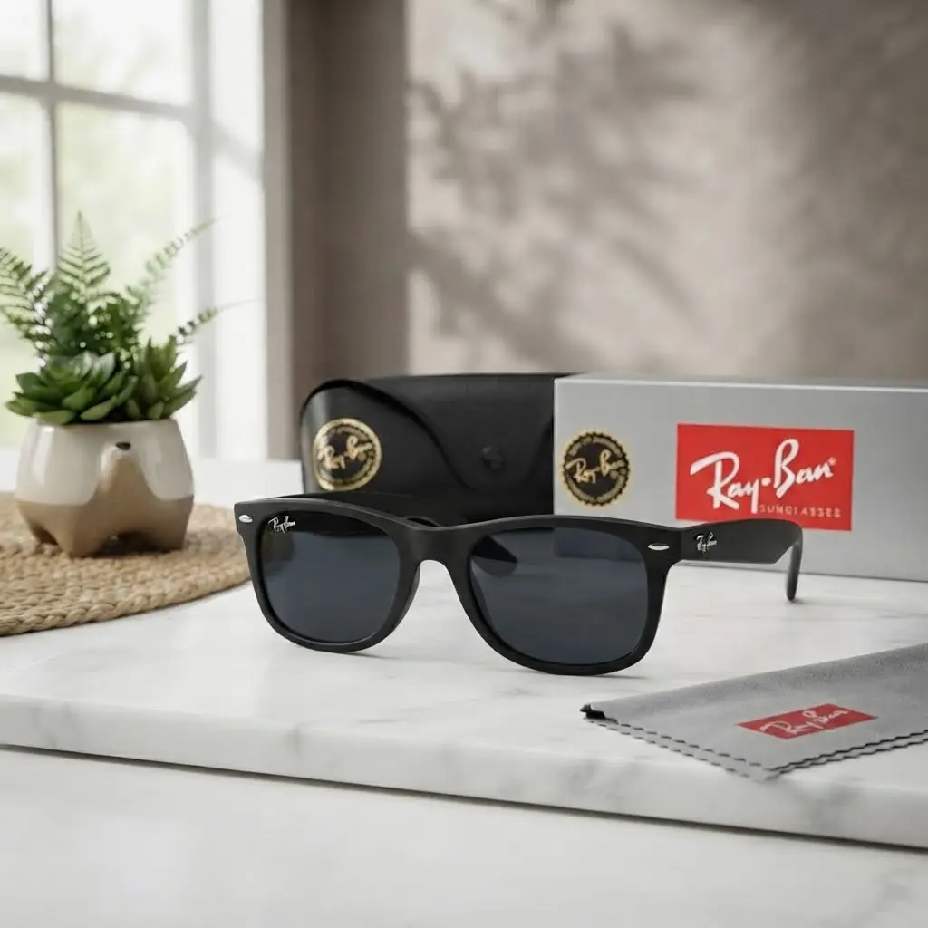 _Ray-Ban Wayfarer Sunglasses for Men & Women – Shiny Black Frame with Green Lenses FULL LOGO-FULL BOX