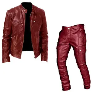 Men's Suit Leather Clothing Leather Pants Two-Piece PU Leather Casual Suit Menswear Gamis Long Sleeve