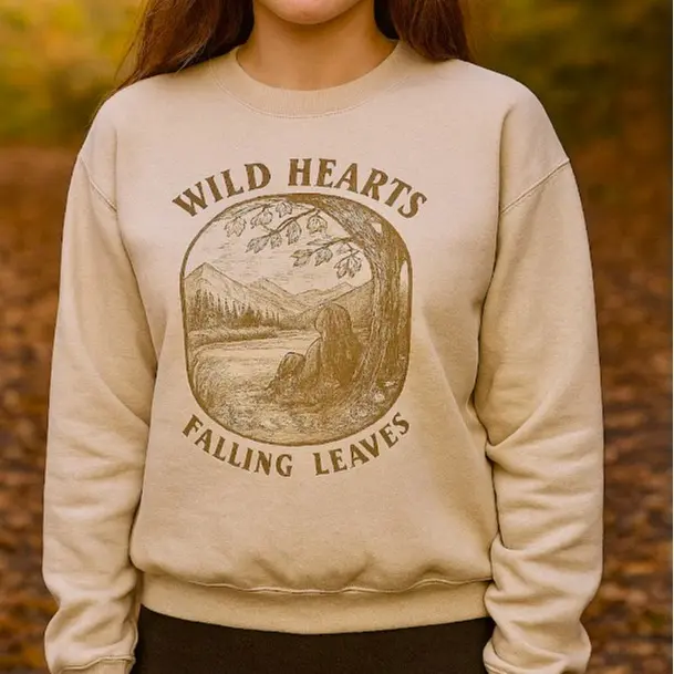 Wild Hearts Falling Leaves Fleece Crewneck Sweater 65/35 Cotton Polyester Blend Long Sleeve Nature Print Unisex Fit Soft Fleece Interior for Fall Outfits