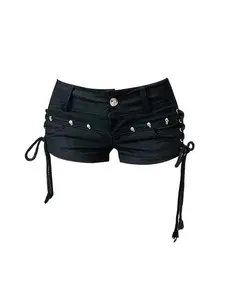Y2K Gothic Black Low Rise Denim Shorts – Vintage Harajuku Hot Pants for Women
