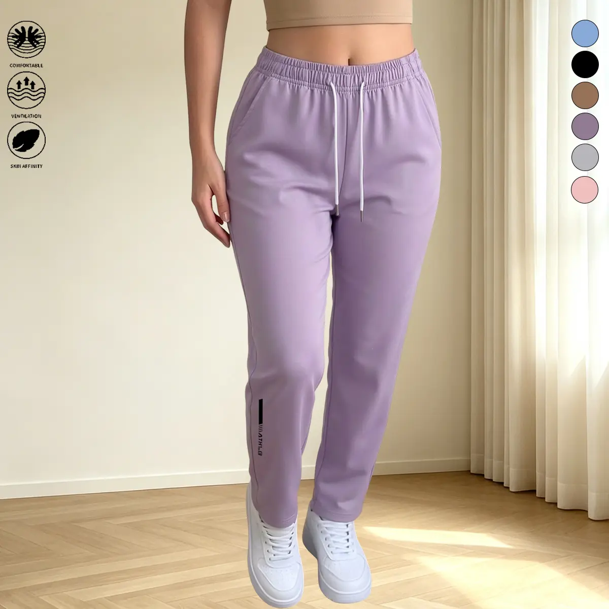 Women’s athletic long pants, minimalist solid color, with drawstring and elastic waistband design, suitable for home, sports, outdoor activities, and more; women’s long pants, women’s bottoms