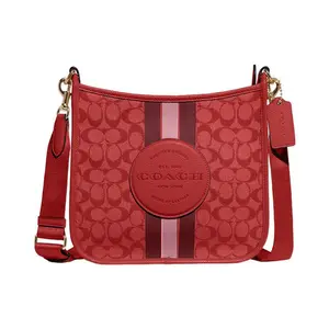 Coach Dempsey 27 Classic Monogram Zip-Top Tote Bag for Women, Striped Jacquard with Pebbled Leather, Apple Red