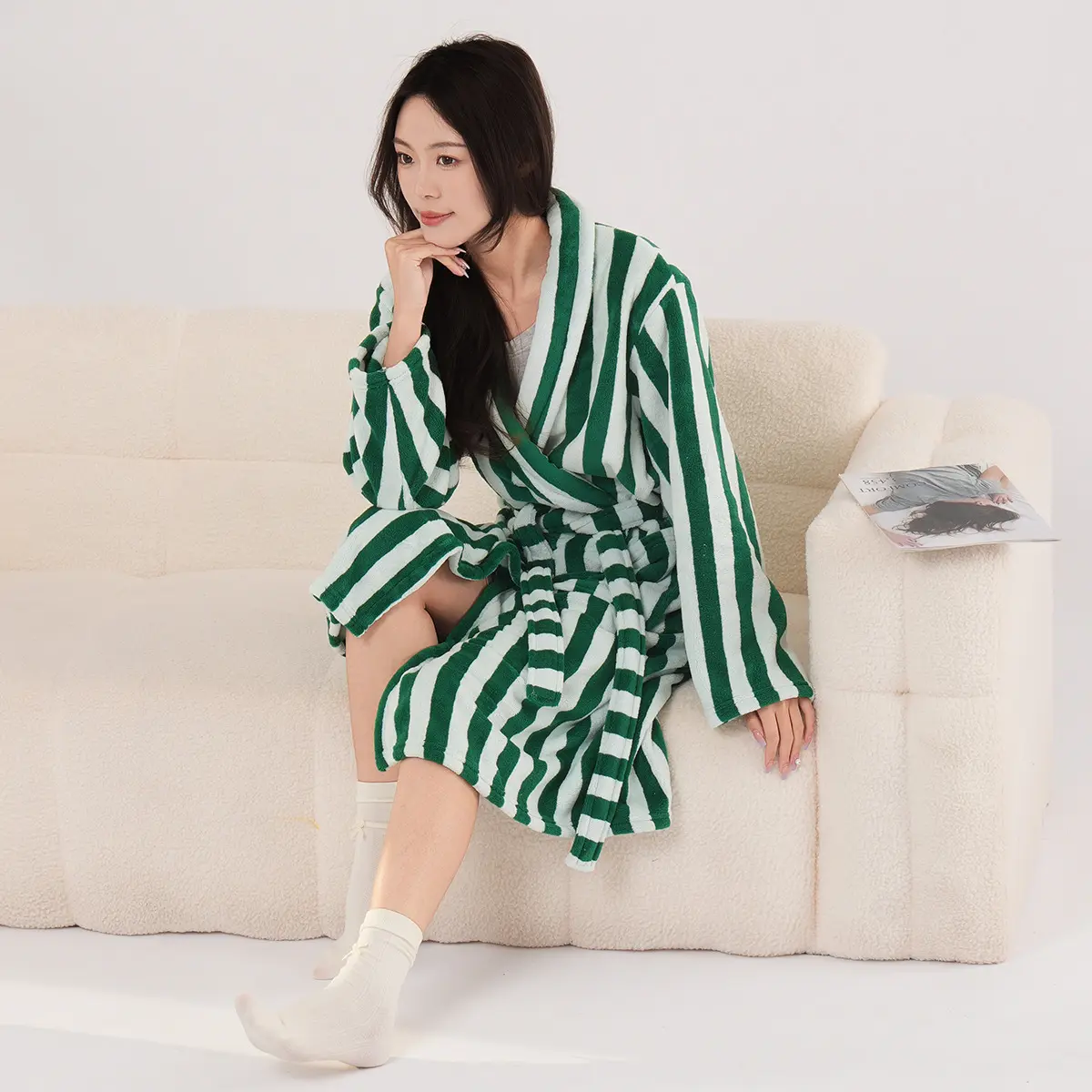 Lealing single robe [green] stripe contr