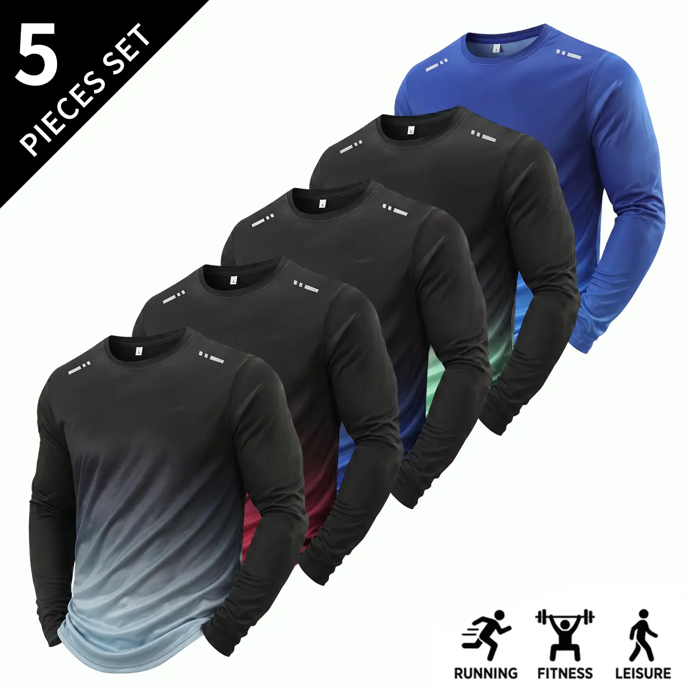 Men’s Regular Fit Reflective Long-Sleeve Running Top - Polyester Cool-Touch Quick-Dry Fabric, Gradient Tie Dye Design, 2-Way Wear for Fitness, Commuting