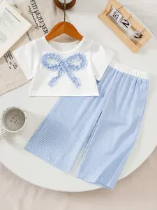 Baby Girl Casual Round Neck Bow Top and Striped Print Long Pants Set, Summer Outdoor Wear, 2 Piece for Spring and Summer