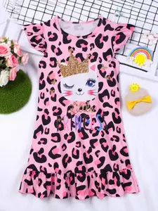 Girl's Leopard & Crown & Cartoon Cat Print Ruffle Hem Butterfly Sleeve Nightdress, Cute Casual Soft Comfortable Short Sleeve Nightgown for Daily Home Wear, Kids Sleepwear for Summer, Sleepwear Dresses