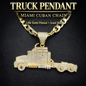 14K Gold Iced Out Hip Hop Premium Truck Pendant Charm 24" 7mm Figaro Link Necklace Full CZ Piece For Daily Use