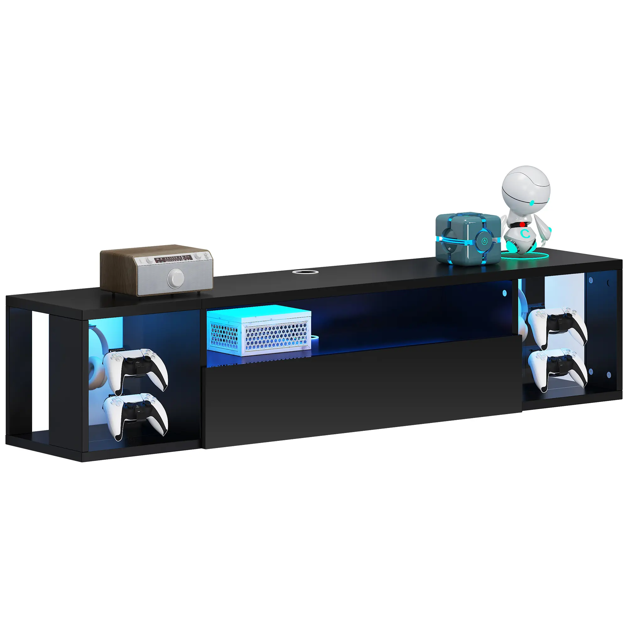 SogesHome  Wall Mounted TV Stand with Storage Shelf, 55 inch Floating Wall TV Cabinet Stand with LED Lights,Modern Entertainment Center Media Console Table with Headphone Hooks